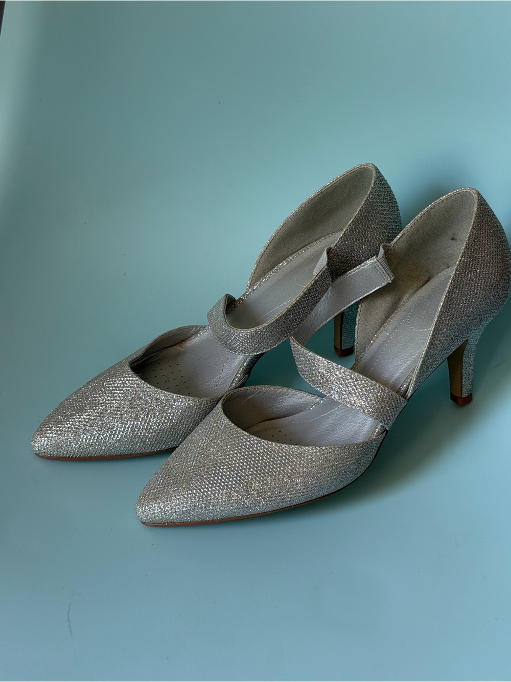 Women's Silver Glitter Pointed-Toe Mary Jane Heels